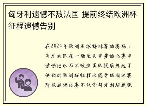 匈牙利遗憾不敌法国 提前终结欧洲杯征程遗憾告别