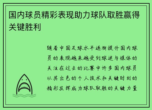 国内球员精彩表现助力球队取胜赢得关键胜利