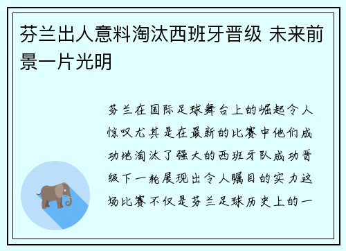 芬兰出人意料淘汰西班牙晋级 未来前景一片光明